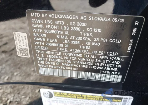 2015 Volkswagen Touareg V6 Lux из США, поврежденный, VIN WVGEF9BPXFD008185